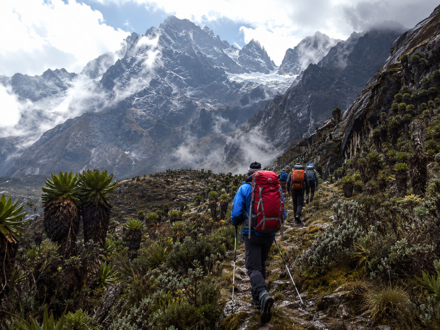 Hikers on a misty mountain trail
